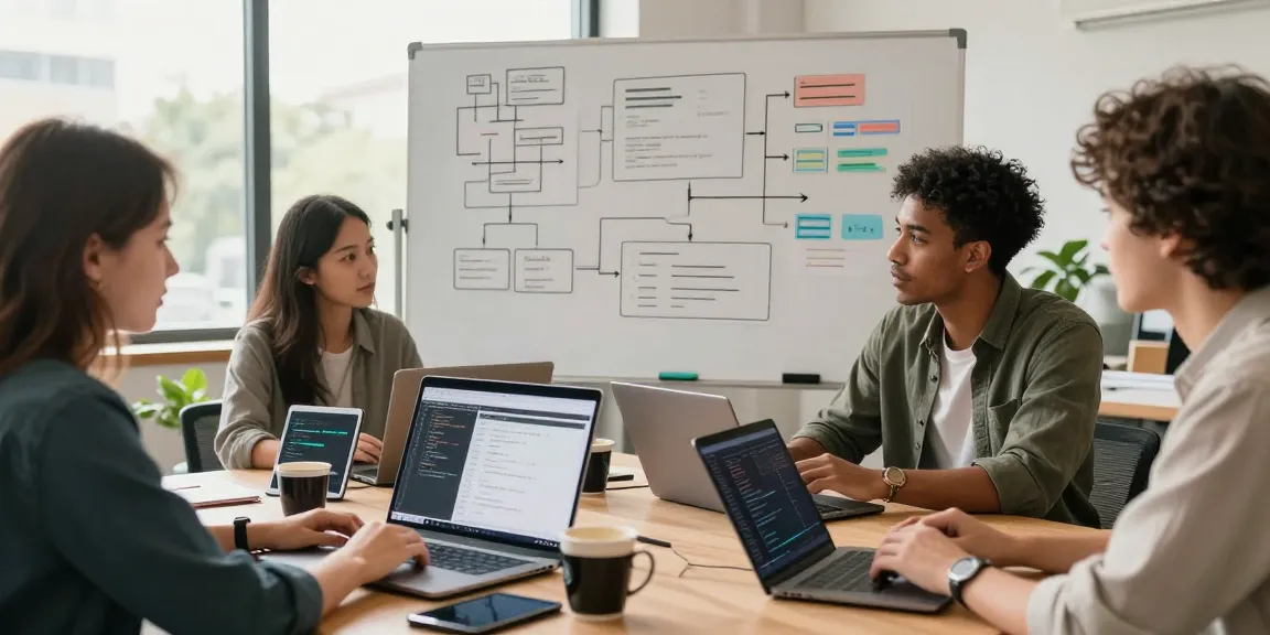 Build internal tools with AI by a diverse team collaborating on software design in a modern workspace.