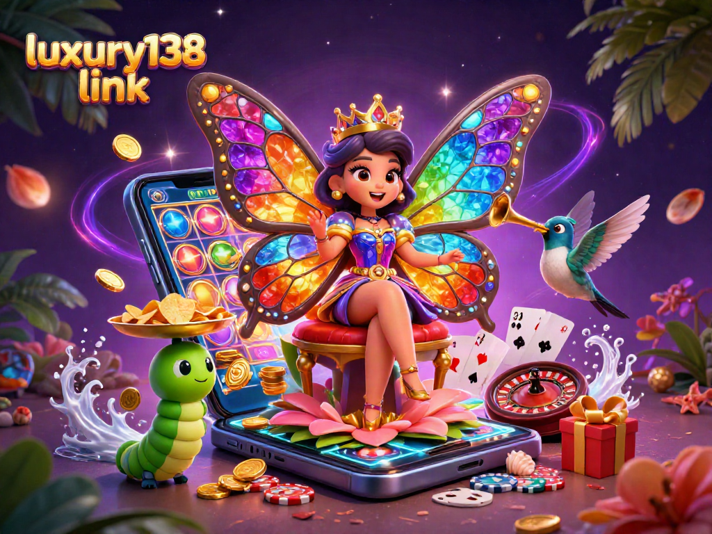 Menggenggam peluang dengan luxury138 link, ratu kupu-kupu 3D dikelilingi elemen kasino yang anggun.