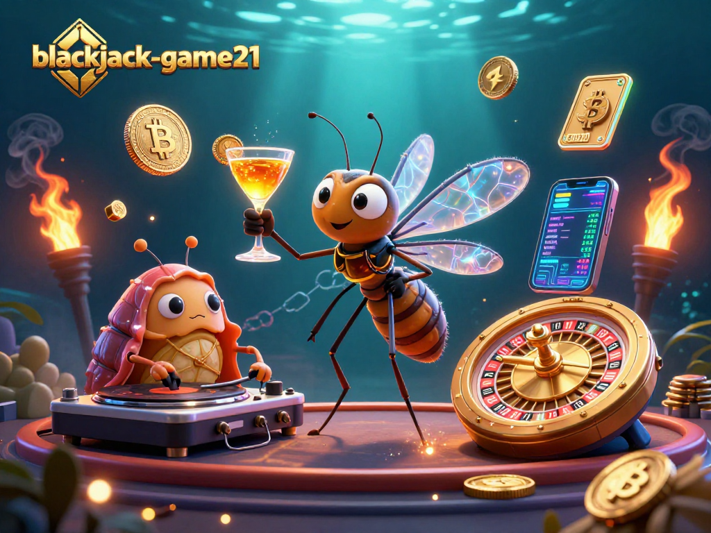 Experience thrilling moments at blackjack-game21 with a lively casino scene featuring unique characters.