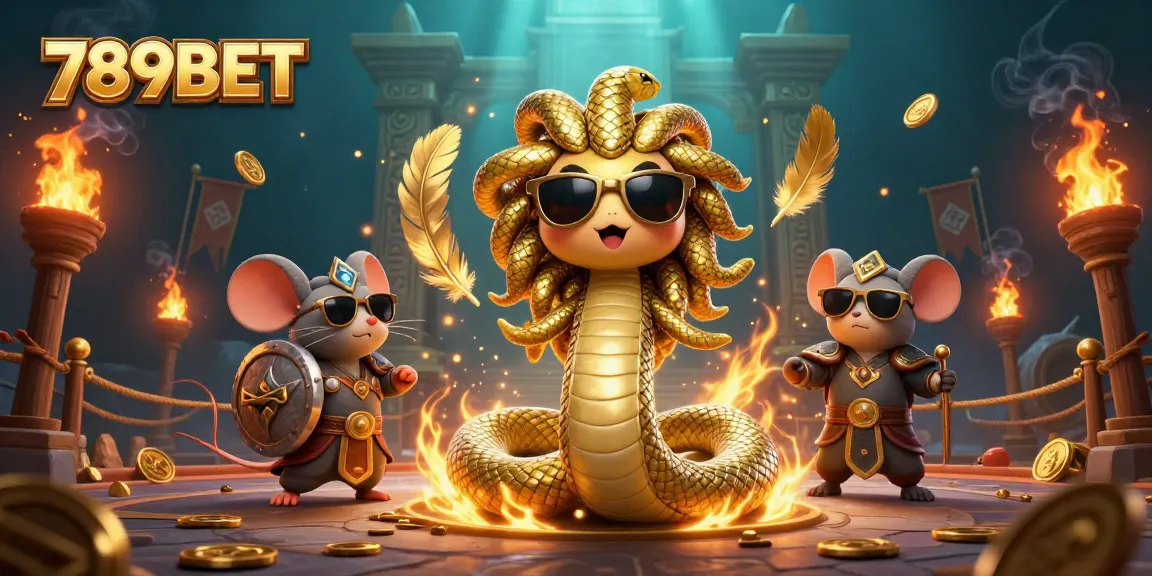 Engage with the 789BET gaming experience, featuring mythical characters in a vibrant gambling arena.