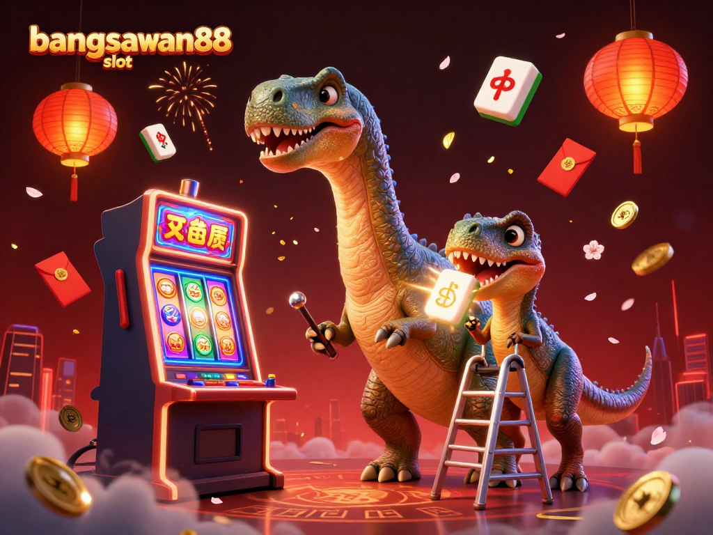 Play bangsawan88 slot with vibrant visuals of a massive brontosaurus and dynamic slot symbols.