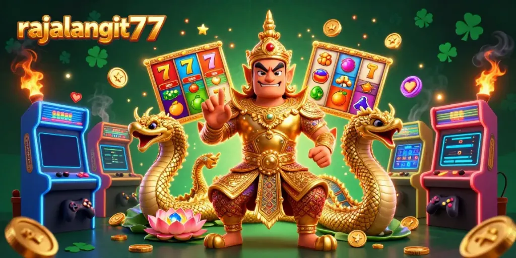 Permainan slot penuh warna dan elemen kasino dalam ilustrasi rajalangit77 yang menarik.