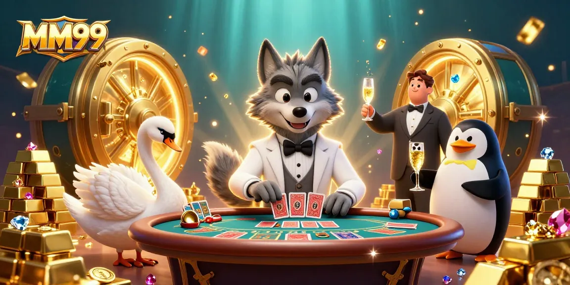 Engage with MM99 at a vibrant baccarat table showcasing festive casino characters and treasures.