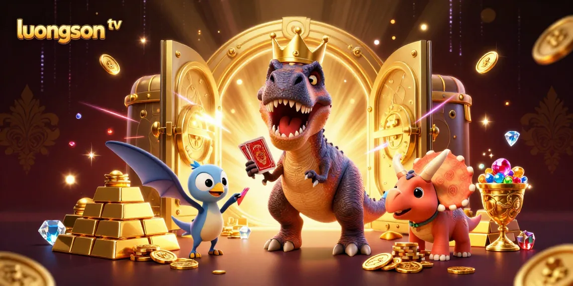Engage with luongson tv's dynamic gambling scene showcasing a friendly T-Rex shuffling cards.