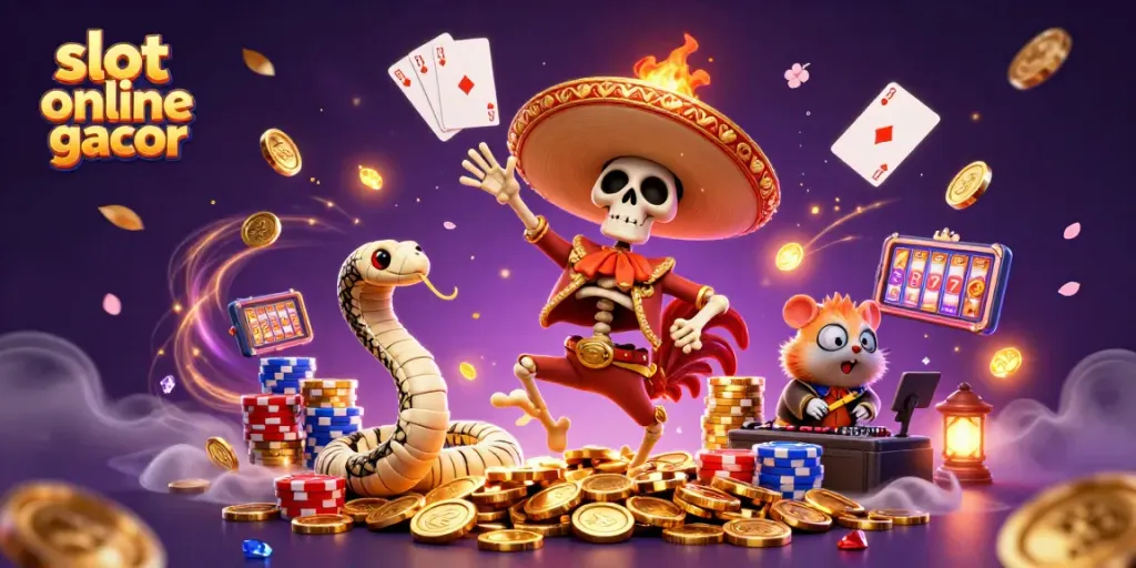 Win big with slot online gacor as a mariachi rooster dances on golden coins amidst casino elements.