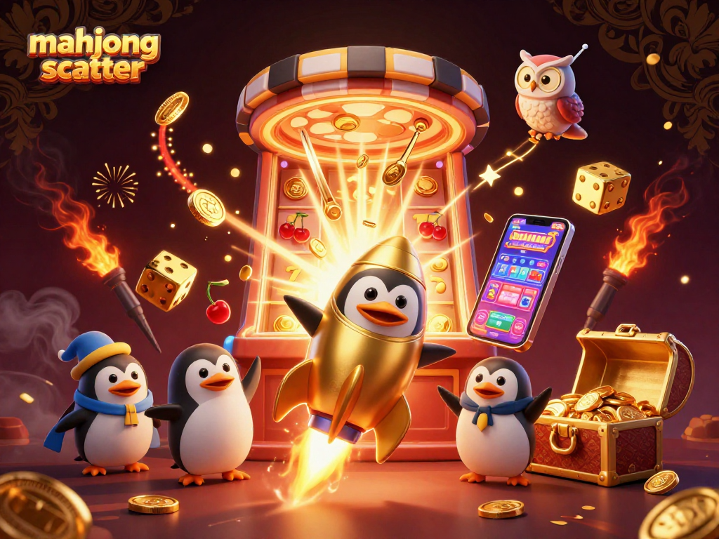 Experience the excitement of mahjong scatter with a thrilling image depicting golden penguins, jackpot explosions, and casino games.