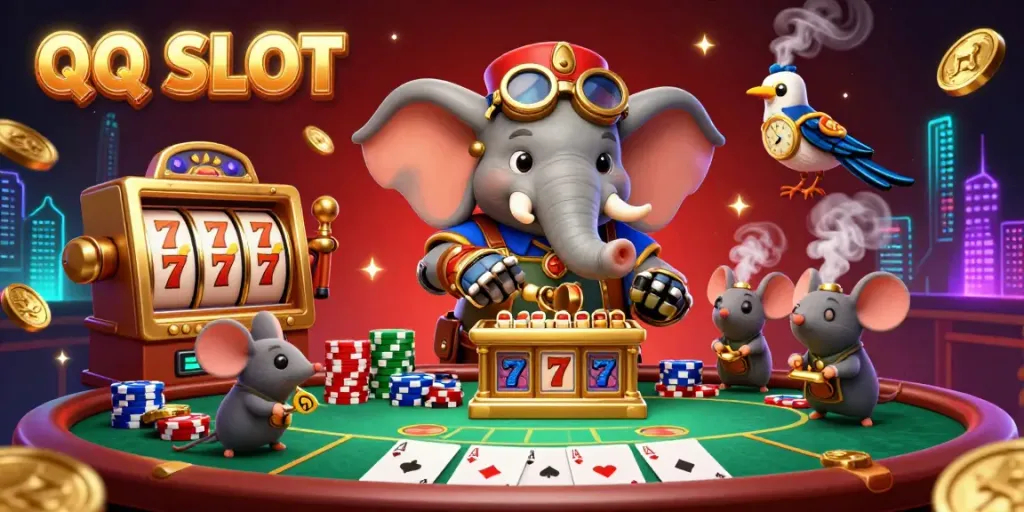 Experience the excitement of QQ SLOT with a steampunk elephant engaging in dynamic casino play.