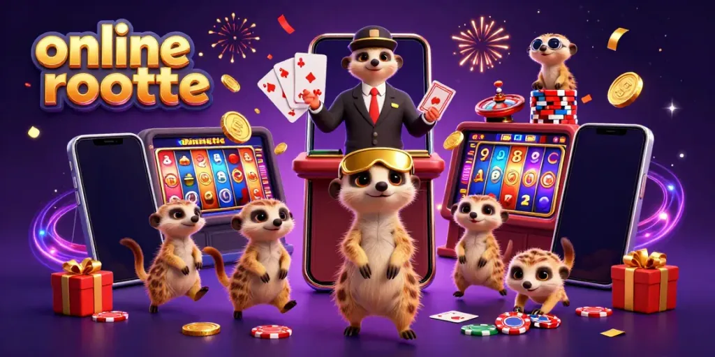 Experience the excitement of online roulette with lively meerkats in a thrilling casino illustration.