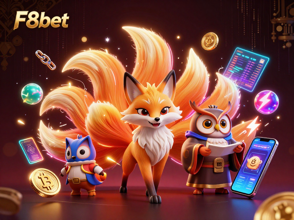 Experience thrilling gameplay at F8bet with a vibrant casino scene featuring colorful characters and crypto elements.