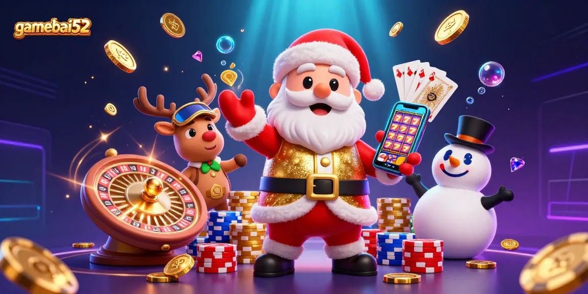 Engage with gamebai52 in this vibrant 3D casino scene showcasing festive characters and thrilling elements.