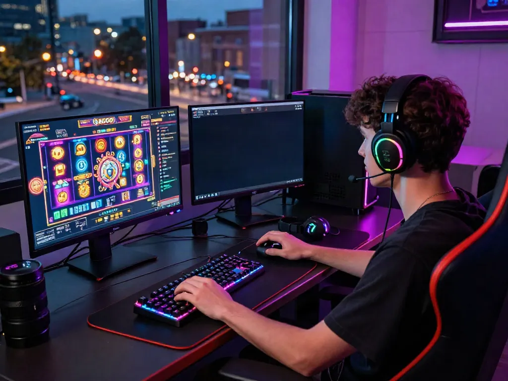 In an immersive gaming environment, a player enjoys slot gacor games on a dual-screen setup with vibrant graphics and atmospheric RGB lighting.