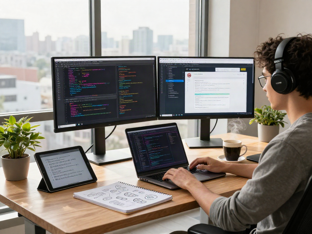 Developer at a modern tech workspace coding with dual monitors and innovative tools showcasing crushon for effective app design.