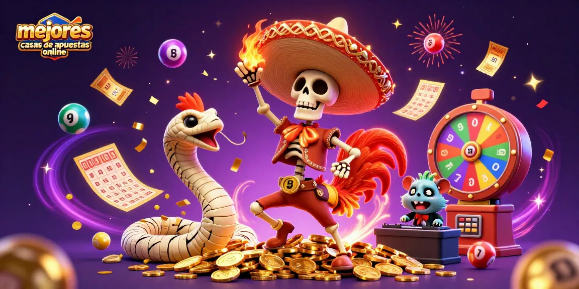 Las mejores casas de apuestas online presentan una escena vibrante con un gallo mariachi y elementos de juego.