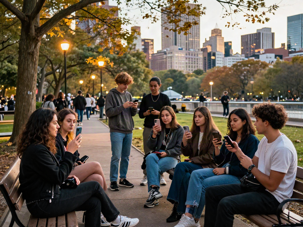 Group of friends discussing the test of attractiveness in an urban park during sunset.
