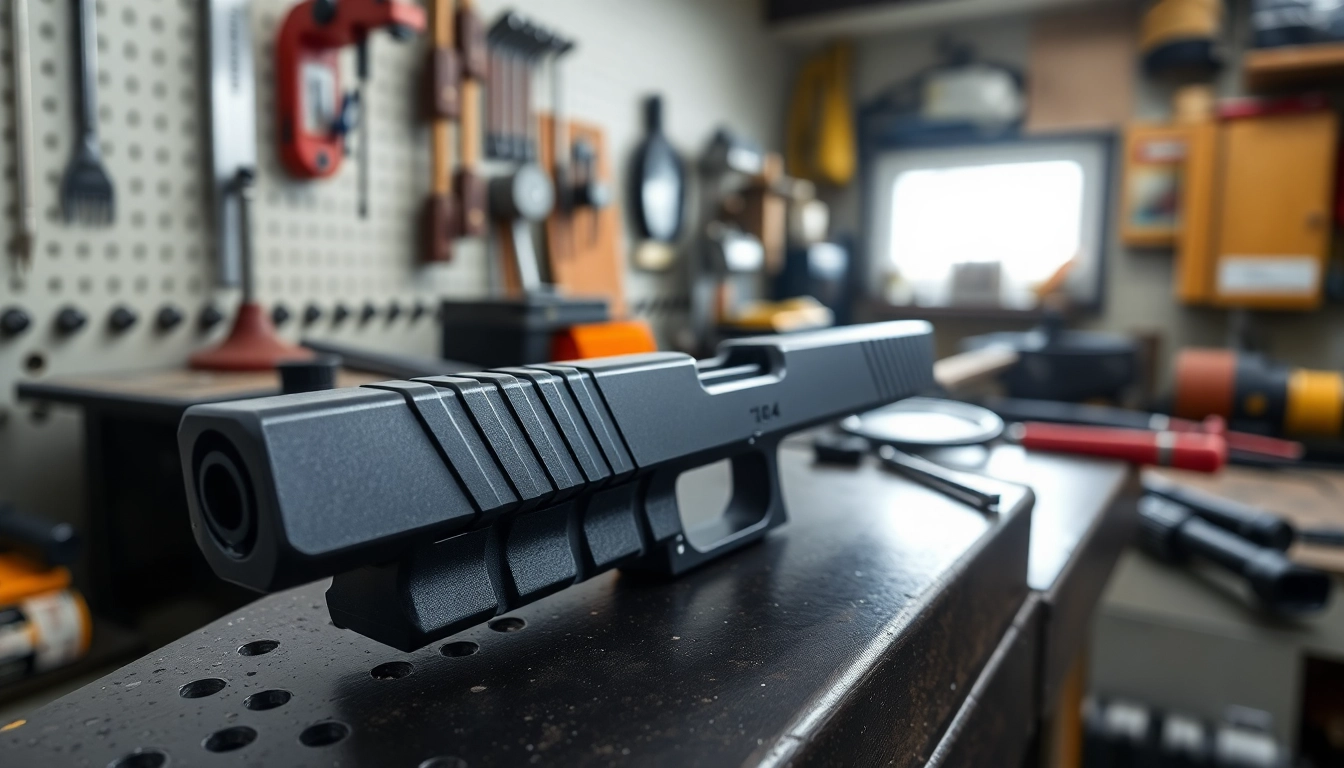 Showcasing a glock 19 gen 3 slide highlighted in a workshop, emphasizing quality craftsmanship.