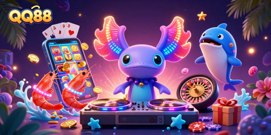 Engage with QQ88's vibrant gaming world featuring a DJ axolotl, animated shrimp dancers, and thrilling casino elements.