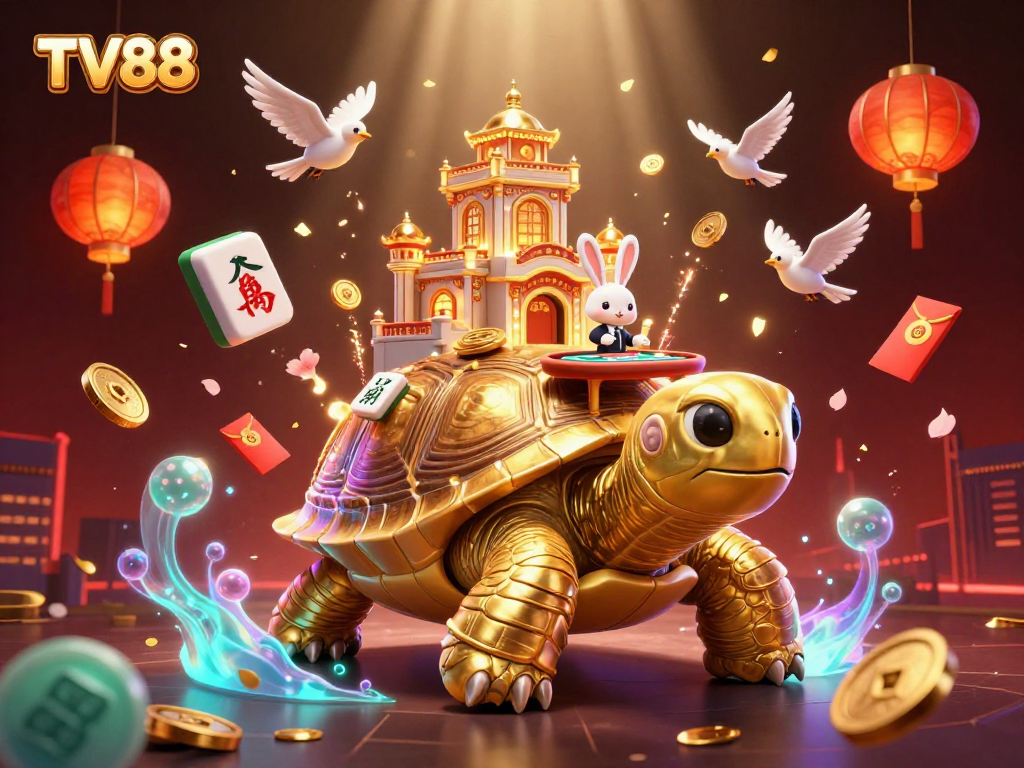 Experience thrilling games at TV88 with a vibrant 3D casino scene of a golden tortoise and lucky motifs.