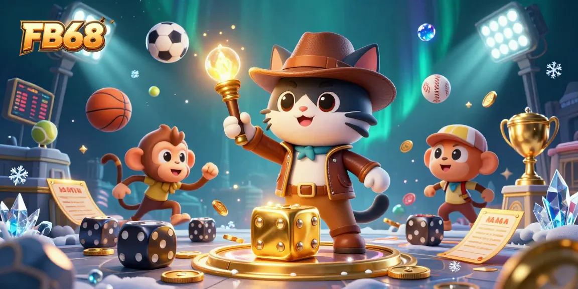 Engage with a thrilling FB68 casino scene featuring an explorer cat and monkey unearthing treasures.