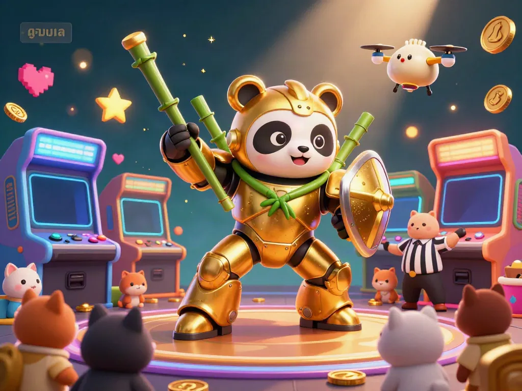 Experience thrilling ดูบอลสด action with a vibrant 3D illustration of a panda in mech suit amidst colorful gaming elements.