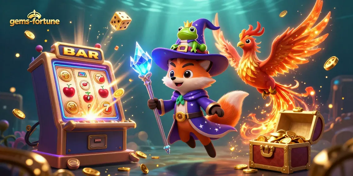 Experience thrilling wins in gems-fortune with a dynamic 3D wizard fox and phoenix around slot machines and treasures.