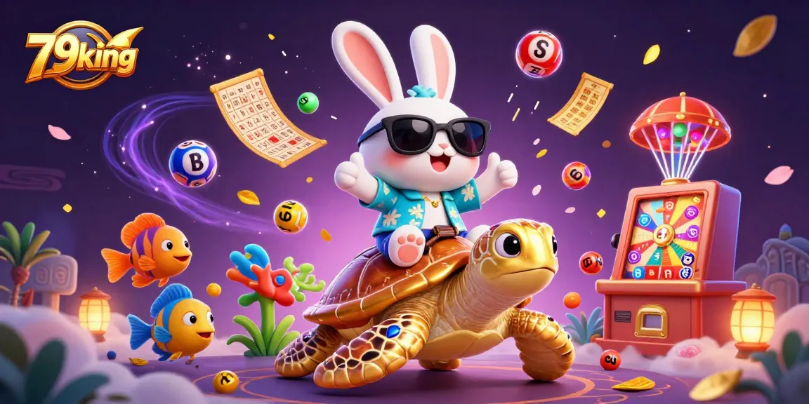 Engage with 79king's vibrant 3D illustration showcasing a lucky rabbit and turtle in a dynamic gambling scene