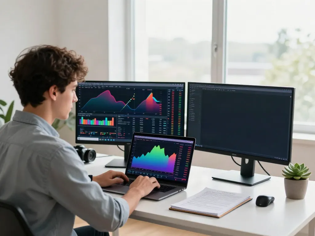 Trader using TradingView in a bright home office with multiple screens