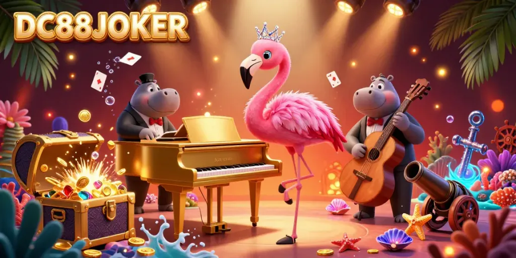 Engage in vibrant gaming at DC88JOKER, featuring a flamingo singer and colorful treasures.