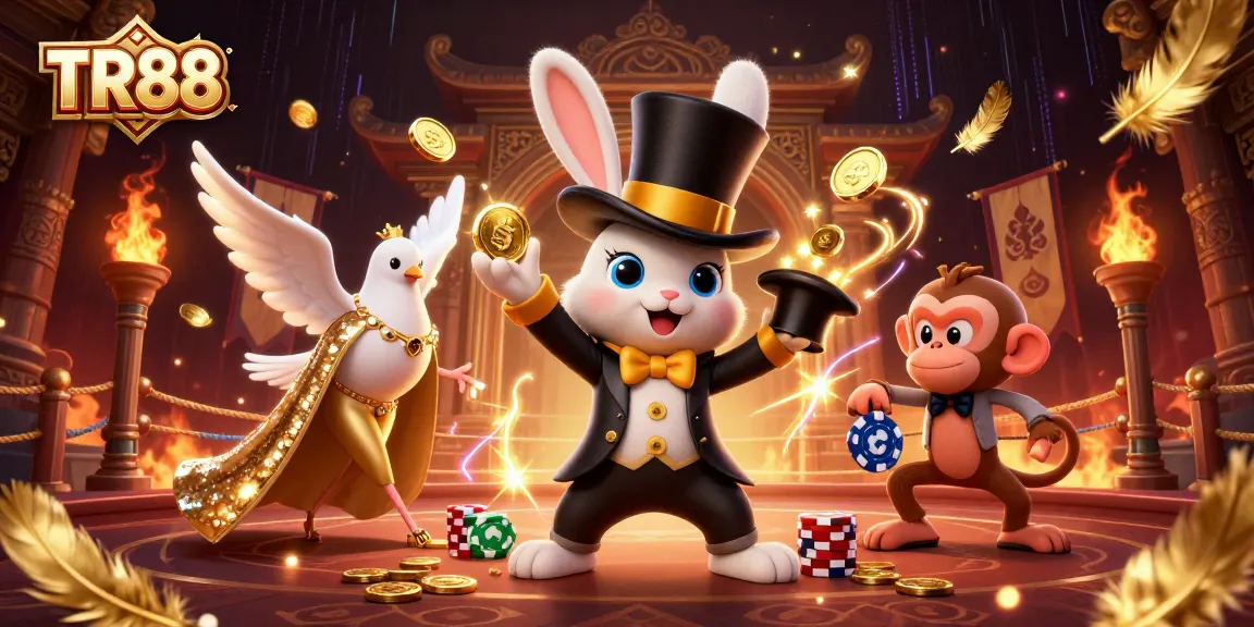 Experience the excitement of TR88 with a magician rabbit, a glamorous dove, and a mischievous monkey surrounded by casino elements.
