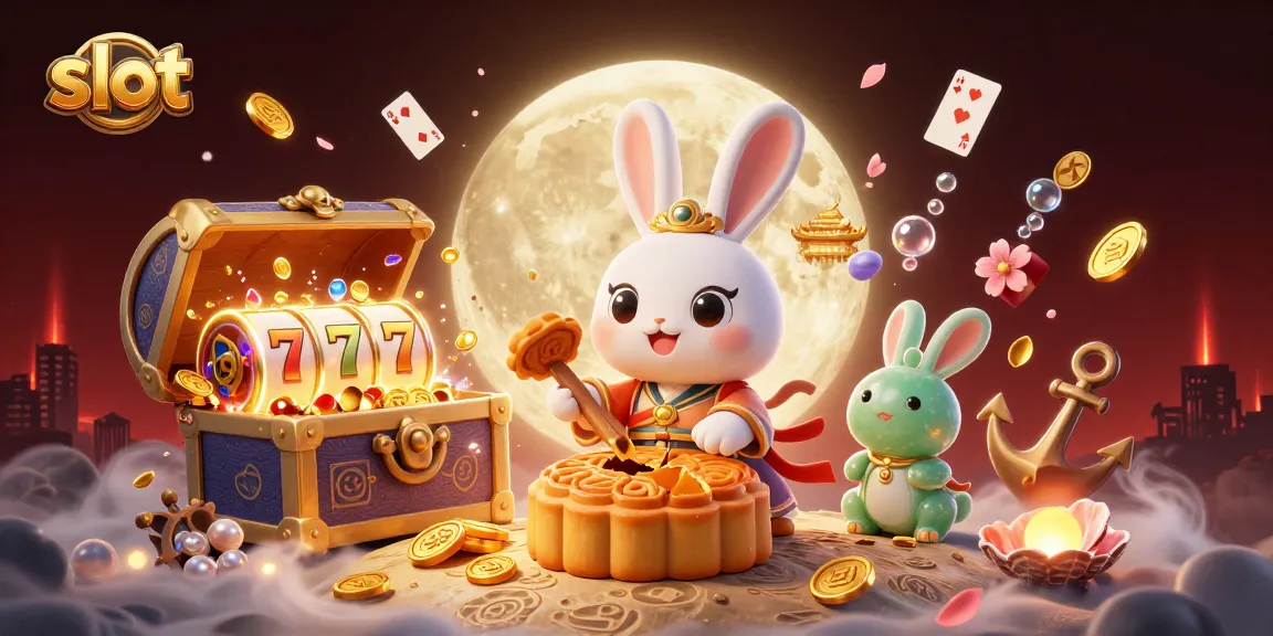 Spin the slot reels with a 3D cartoon moon rabbit and jade rabbit dynamic illustration.
