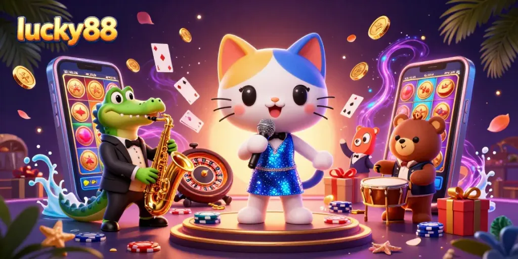 Experience thrilling gaming at lucky88 with a vibrant atmosphere featuring our 3D characters and casino elements.
