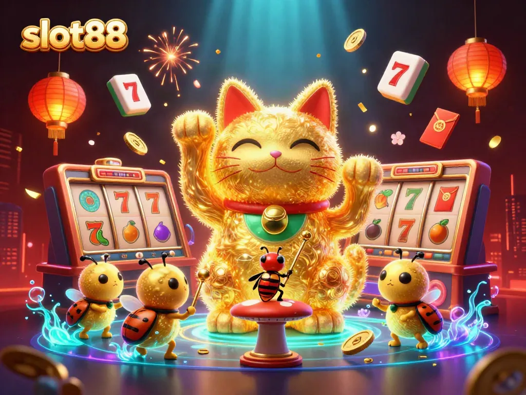 Experience game excitement with slot88's vibrant slot machine scene featuring a lucky cat and colorful symbols.
