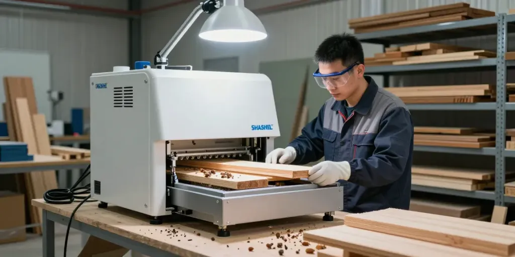 Technician using SHASHEL® microwave device for quick elimination of wood-boring insects in a bright industrial workshop.