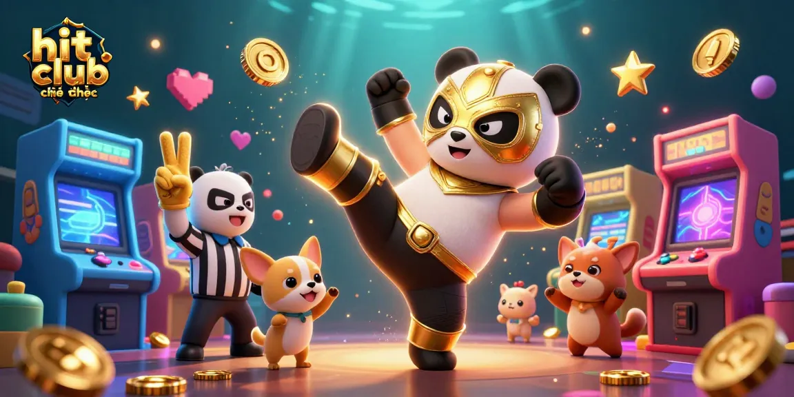 Engage with hit club chính thức as the panda wrestler performs a kick, surrounded by vibrant casino game elements.