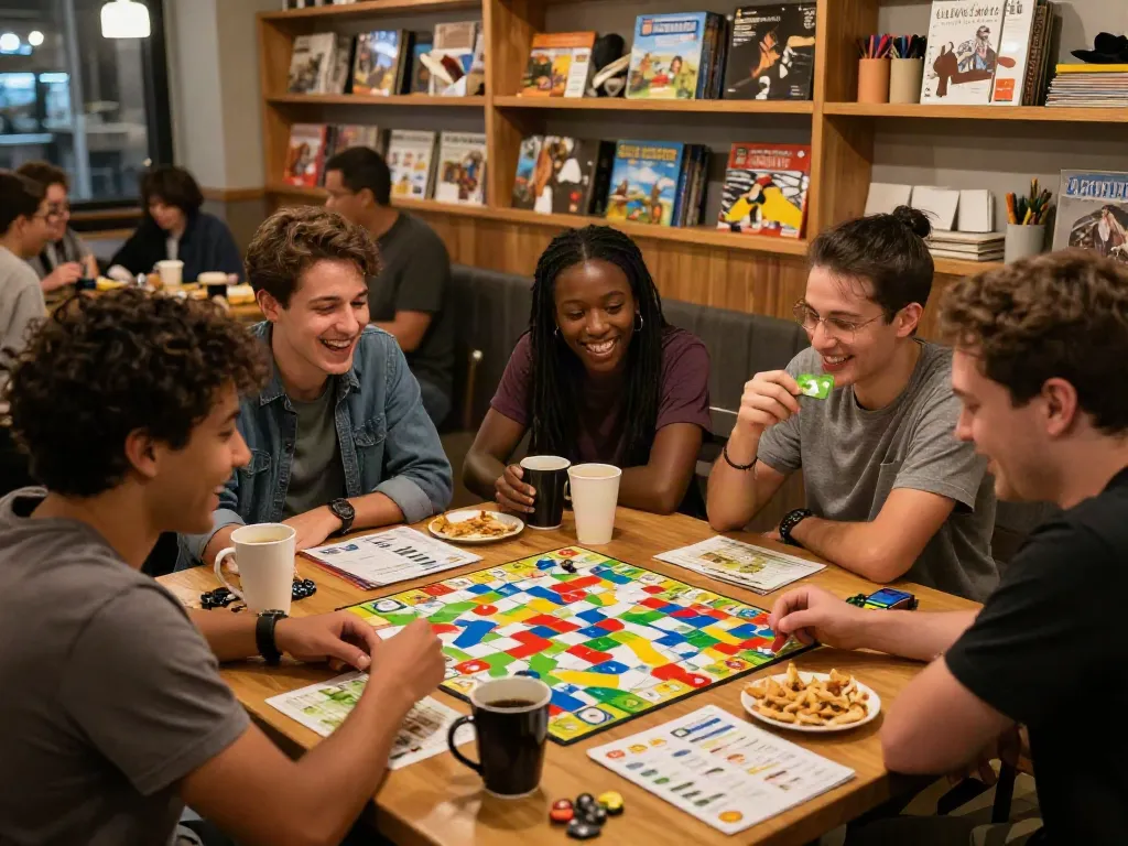 Sildenafil-themed game night showcasing friends playing Qwirkle in a cozy board game café.