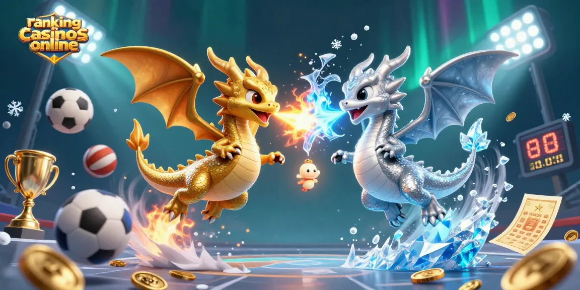 Ranking casinos online: ilustración de dragones y deportes en un entorno dinámico.