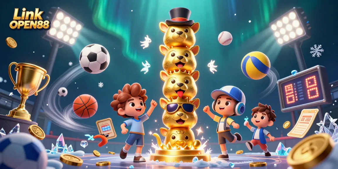 Link OPEN88 captures the thrill of betting with dynamic sports elements in a vibrant 3D illustration.