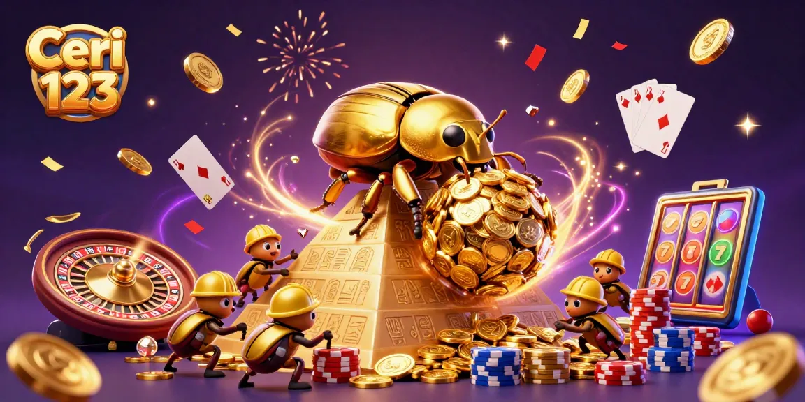 Ceri 123 features golden dung beetles and casino elements celebrating big wins in a vibrant casino setting.
