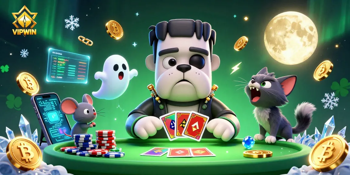 Experience thrilling casino action at VIPWIN with a cartoon bulldog and ghost mouse in a vibrant 3D scene.