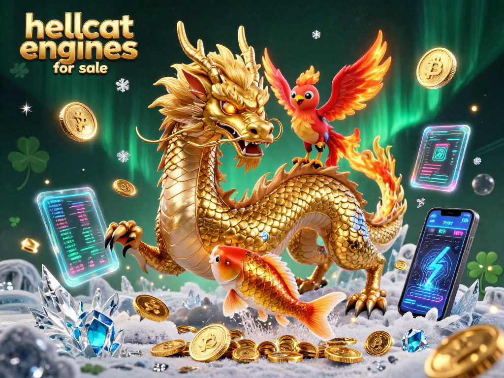 Bet on hellcat engines for sale with fierce golden dragon, phoenix, and koi fish amidst digital gaming symbols.