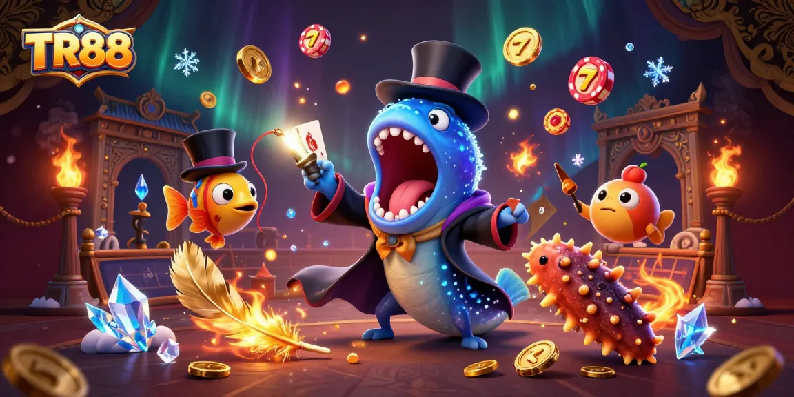 TR88 deep-sea casino scene with characters performing card tricks in a vibrant slot game atmosphere.