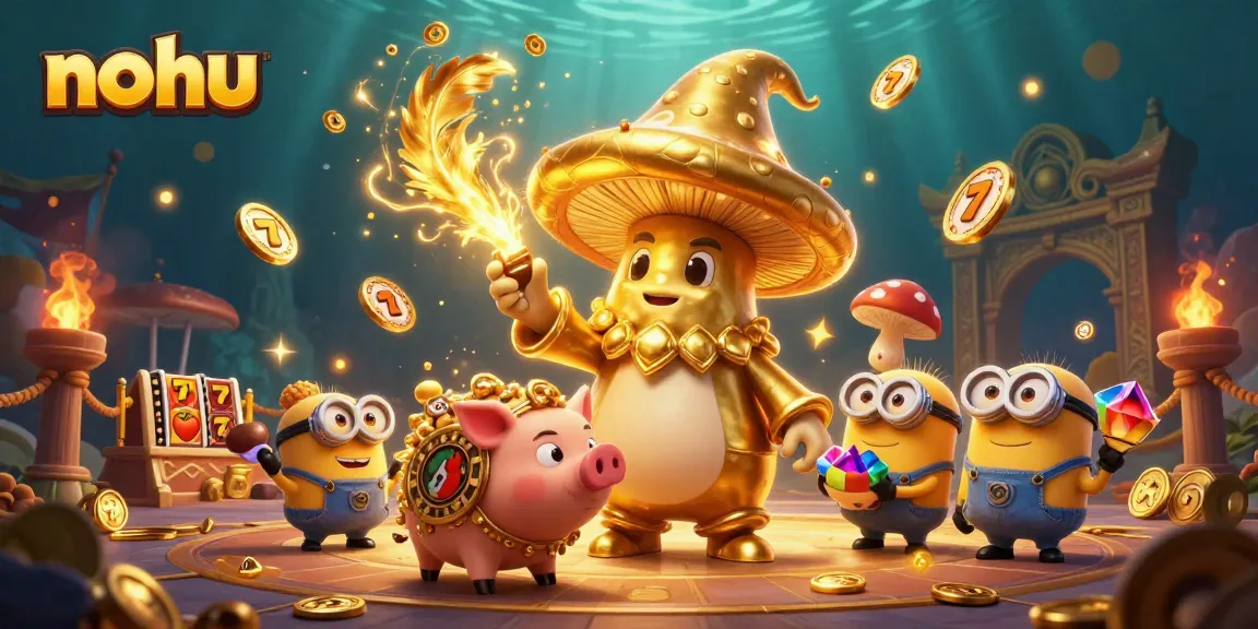 Experience thrilling spins and jackpots with nohu-themed 3D characters surrounded by vibrant casino action