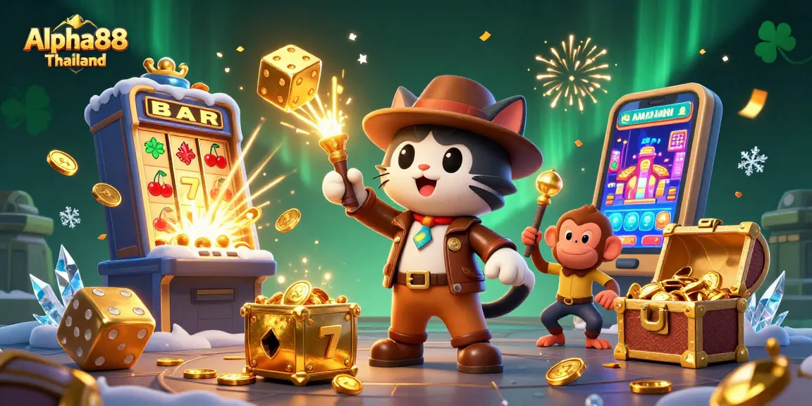Experience excitement at Alpha88 Thailand with a cartoon archaeologist cat exploring a golden casino artifact.