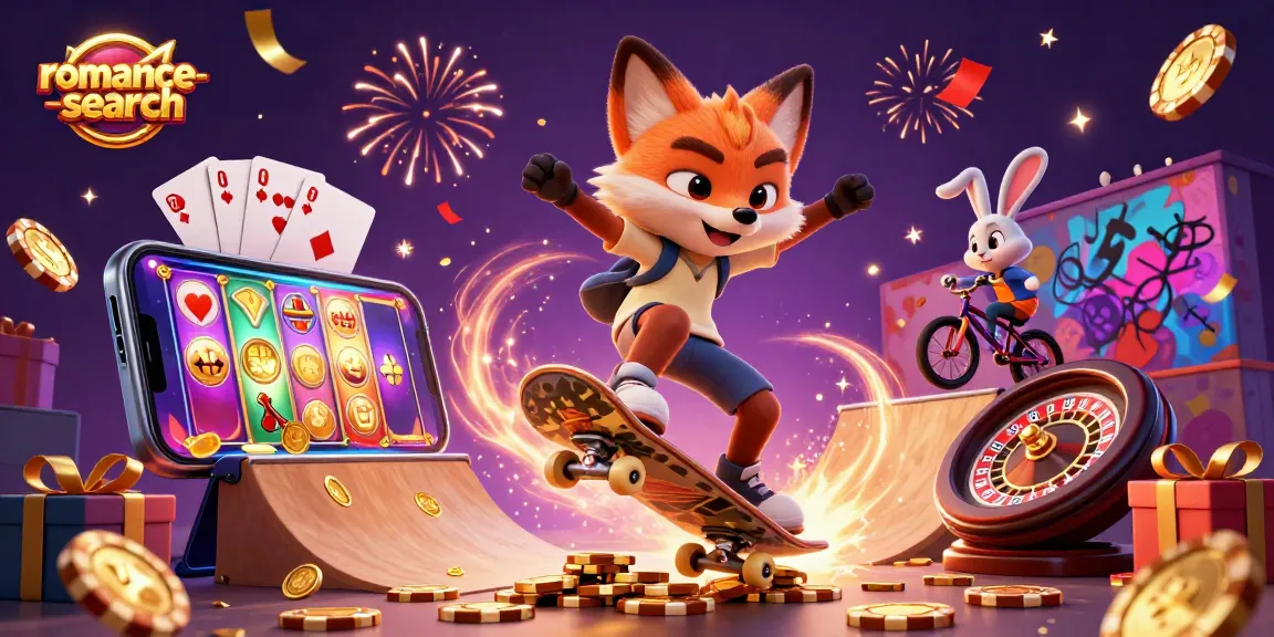 Spin to win with romance-search as a skateboarder fox performs a kickflip over golden poker chips.