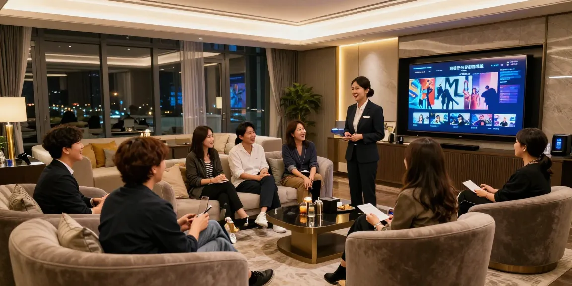 강남구구단의 고급스럽고 현대적인 라운지 내부 모습, 손님과 매니저가 함께하는 즐거운 분위기