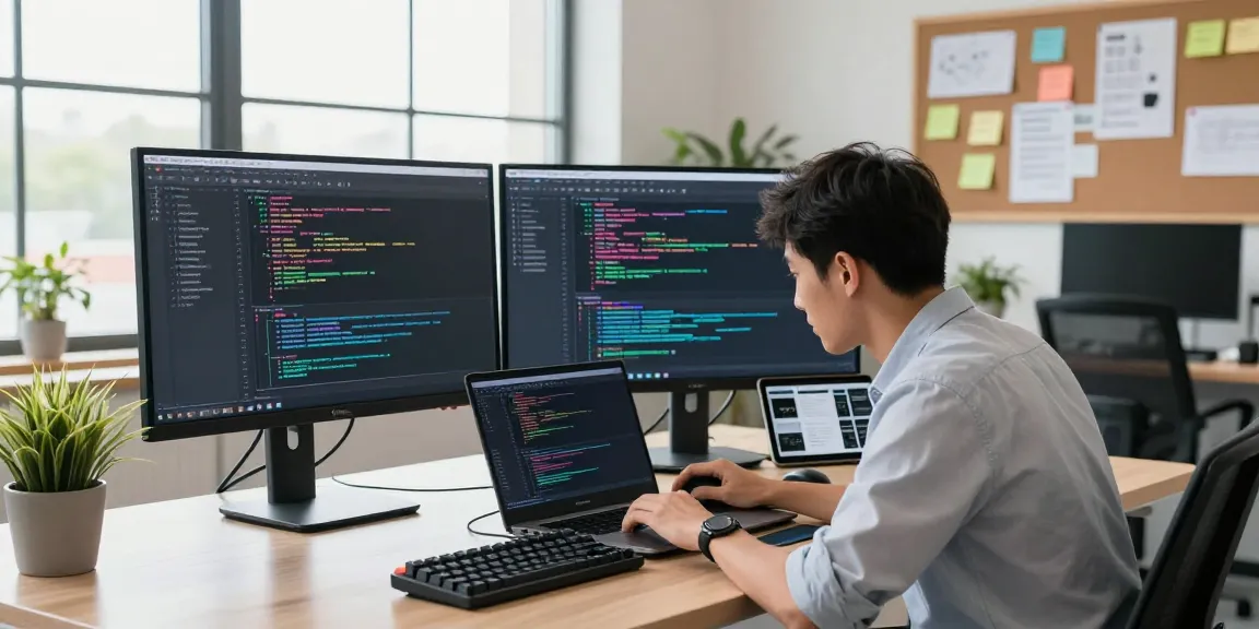 Innovative workspace with a developer coding on https://www.bdtjl.app/ dual monitors and modern tech gadgets.