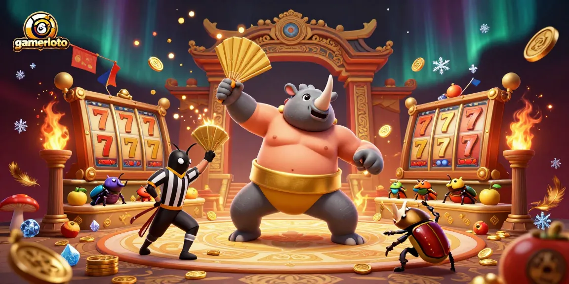 Join gamerloto's thrilling slot action with a vibrant scene of a sumo champion beetle and a referee cricket!