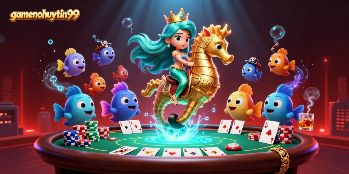 Play poker with gamenohuuytin99 as a mermaid princess rides a giant seahorse in a vibrant underwater scene.