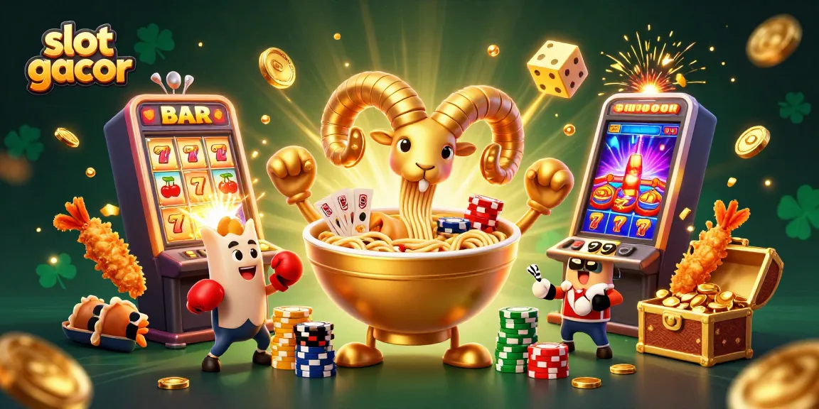 Play a fun game with the slot gacor characters, featuring a ramen bowl dealer and vibrant casino elements.