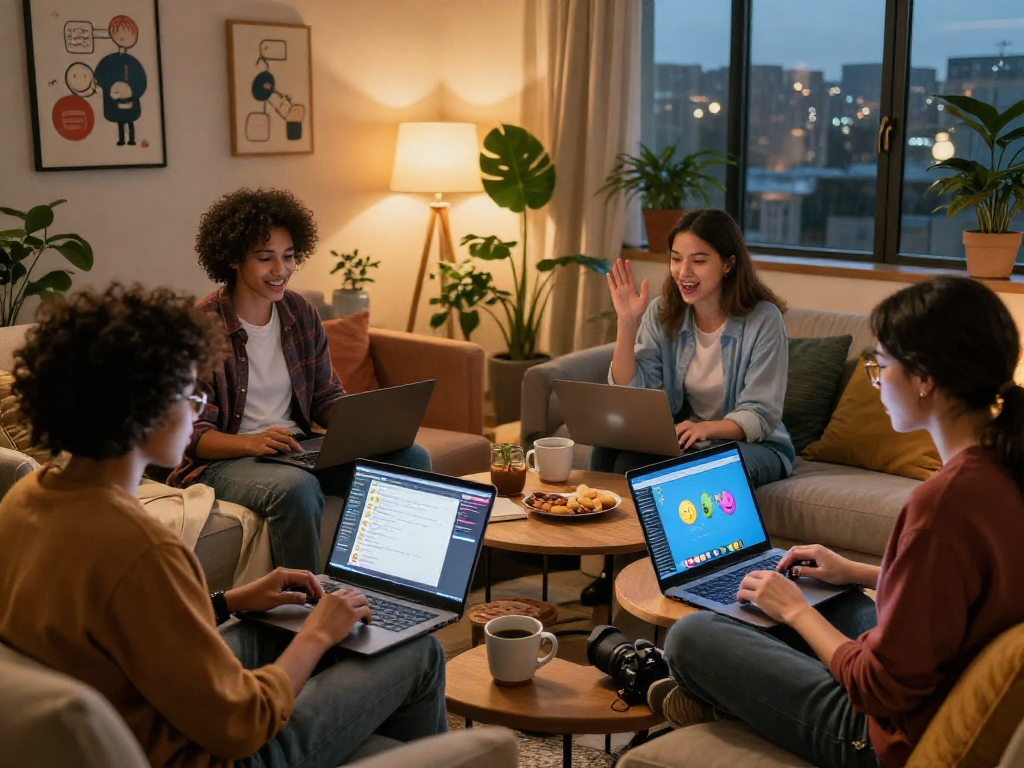 A cozy setting featuring diverse individuals engaging in a lively sex chat discussion, showcasing relaxed communication and digital interaction.
