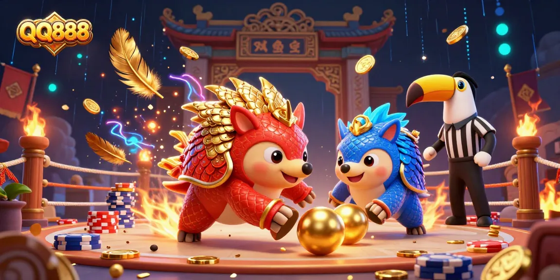 Engage with QQ888 as rival pangolins compete fiercely amidst colorful casino-themed elements.